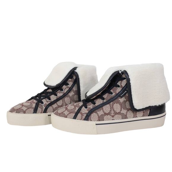 Coach Womens Sig Jacquard Fold Over Sherpa High Tops-Womens 9-Cocoa/Black-NWT - Picture 3 of 13